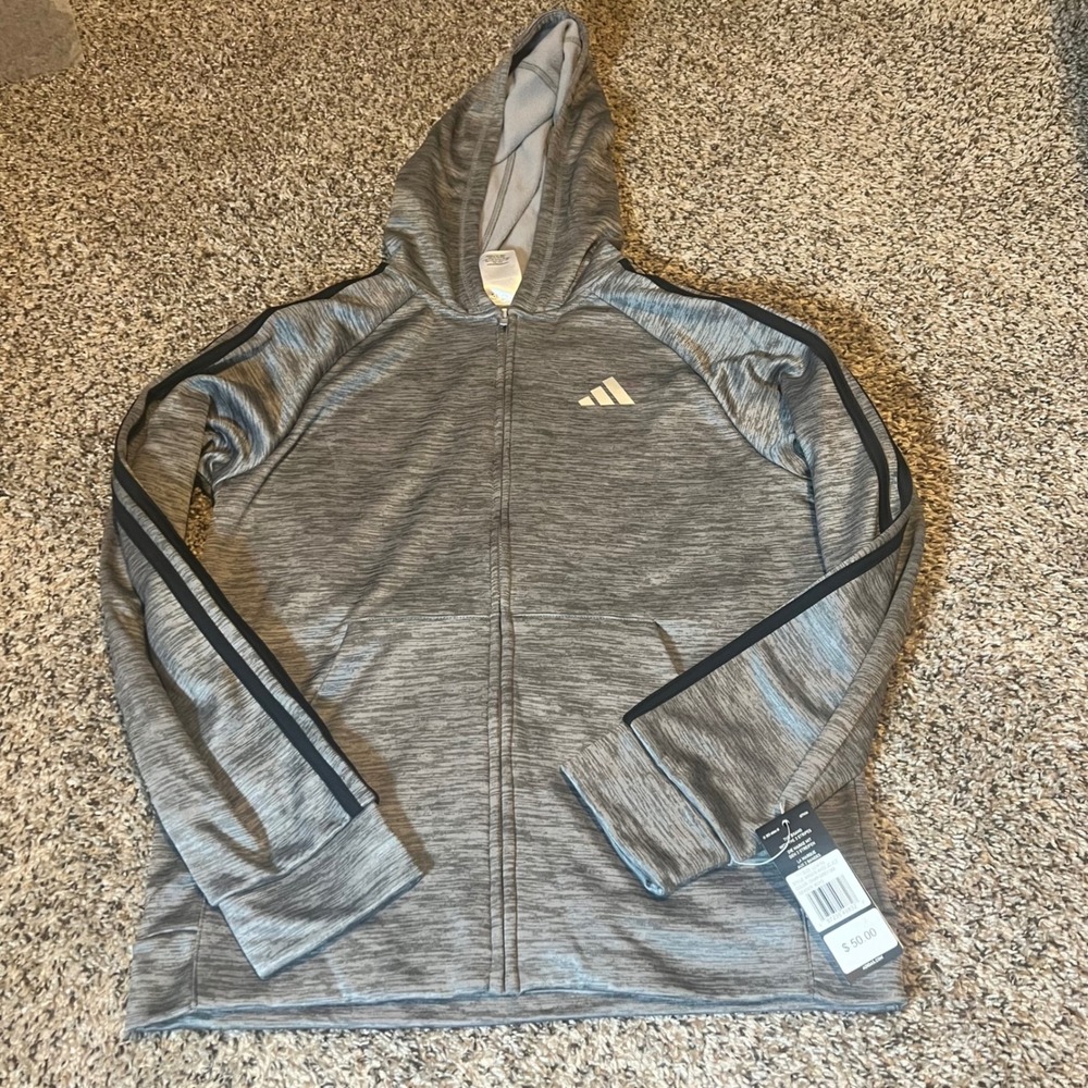 Adidas Boys Full Zip Hoodie Jacket Gray Heather Tricot‎ Kids L 14 16